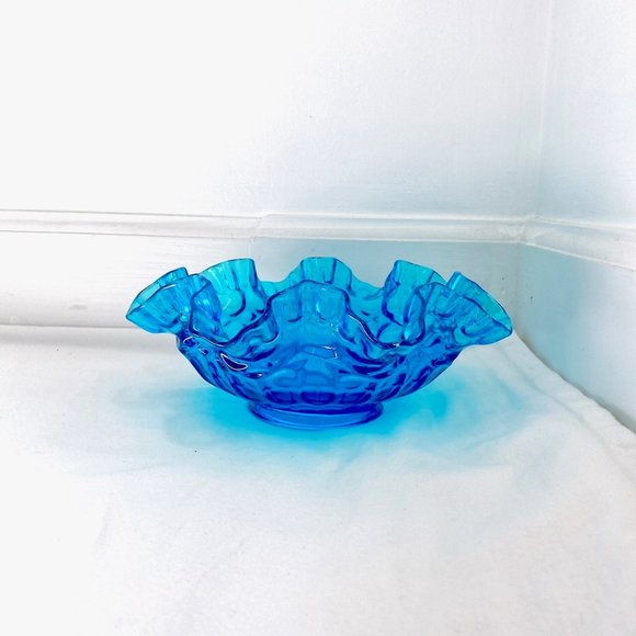 FENTON TURQUOISE GLASS RUFFLE EDGE CREST BOWL BRIDES BOWL (9") - Picture 8 of 9